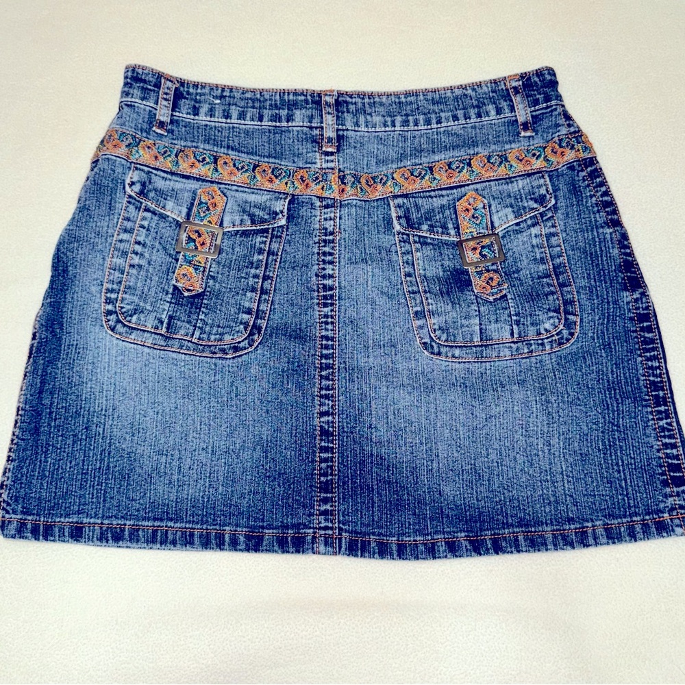 Apollo Jeans Denim Mini Skirt, Southwestern Embroidered Flap Pockets, Jr Sz L